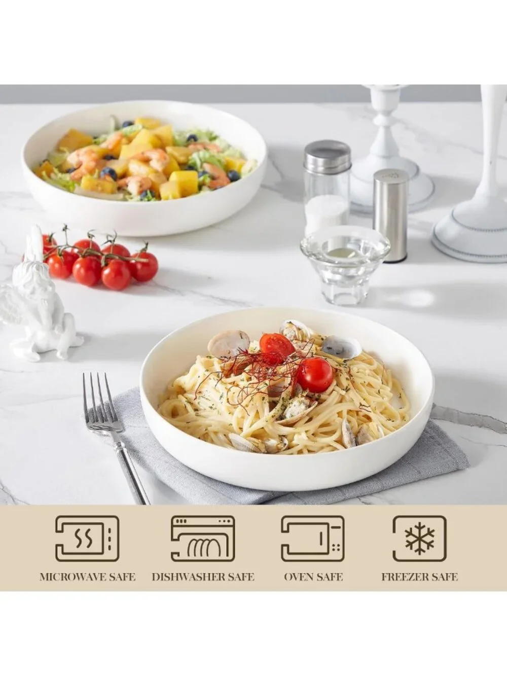 Set of 4 White Ceramic Pasta Bowls - 48 Oz, Microwave & Dishwasher Safe